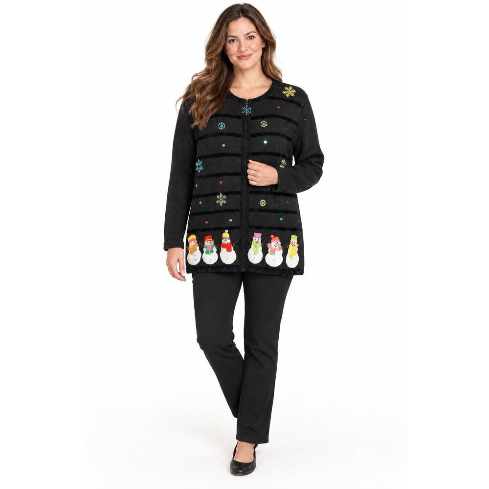 Quacker Factory Women’s Medium Black Snowman Christmas Full Zip Cardigan Sweater